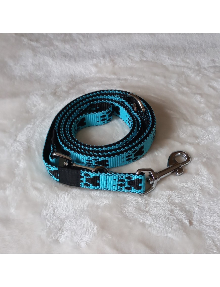 Laisse Turquoise pattes noires 3 pos.