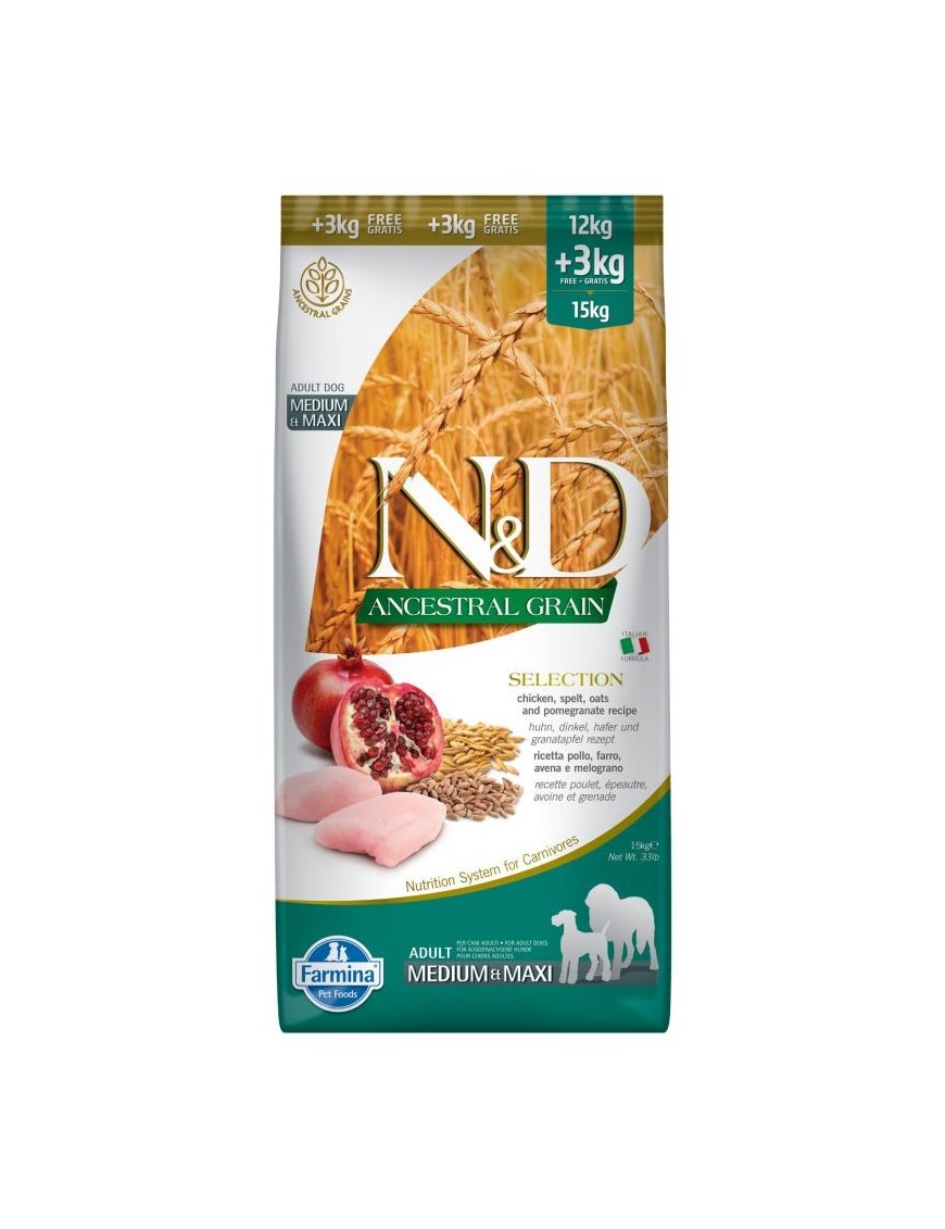 Farmina Ancestral Selection Med/Maxi Poulet, épeautre, avoine & grenade 15 kg