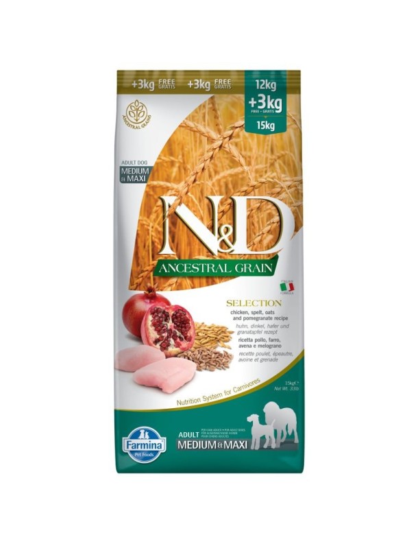 Farmina Ancestral Selection Med/Maxi Poulet, épeautre, avoine & grenade 15 kg